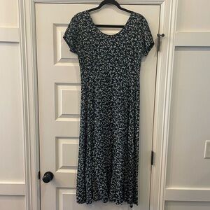 Vintage 90s Green Ditsy Floral Short Sleeve Midi Dress M